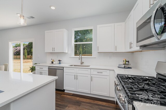 kitchen featuring sink, stainless steel appliances, dark wood-type flooring, and white cabinets