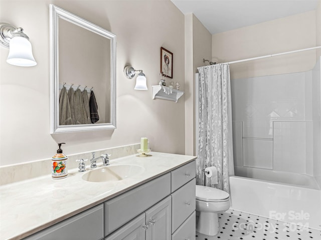 full bathroom with tile patterned flooring, shower / bath combo, vanity, and toilet