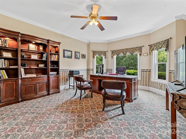 office area featuring a wealth of natural light, ceiling fan, and crown molding