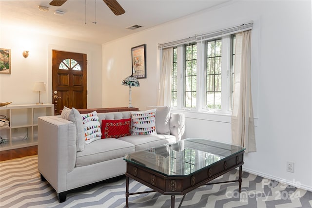 living room with wood-type flooring and ceiling fan