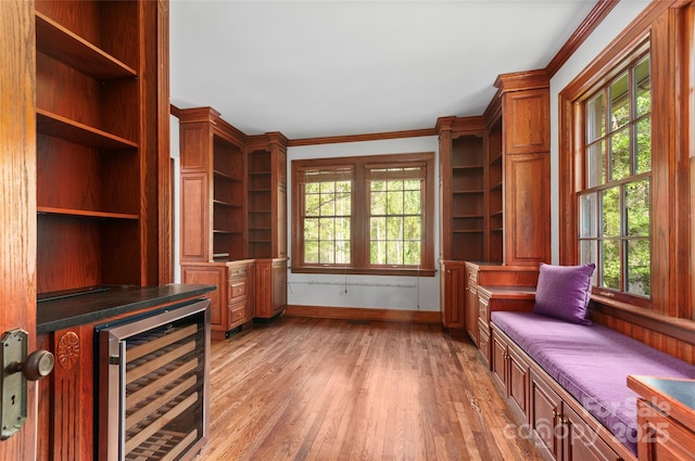 30 Cedarcliff Rd, Asheville, NC 28803 - living area with beverage cooler, baseboards, healthy amount of natural light, light wood-style floors, and crown molding