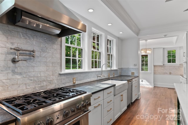 30 Cedarcliff Rd, Asheville, NC 28803 - kitchen featuring under cabinet range hood, stainless steel appliances, a sink, backsplash, and white cabinetry