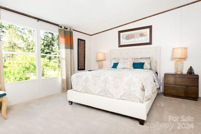 bedroom featuring light carpet and crown molding