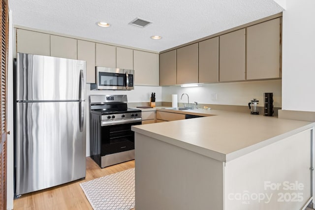 kitchen featuring gray cabinets, sink, light hardwood / wood-style floors, kitchen peninsula, and stainless steel appliances