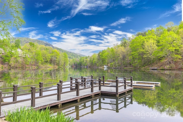 view of dock featuring a water and mountain view