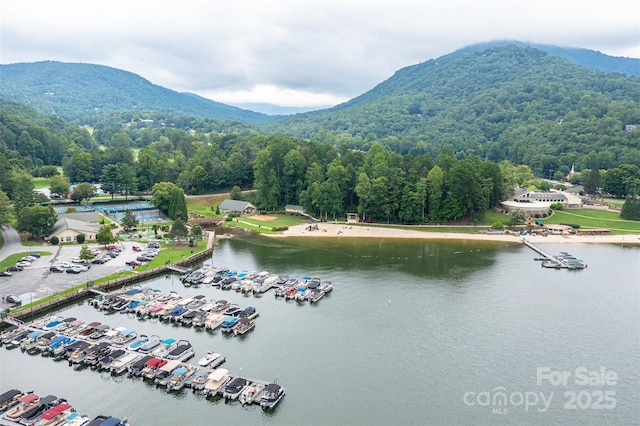 drone / aerial view with a water and mountain view