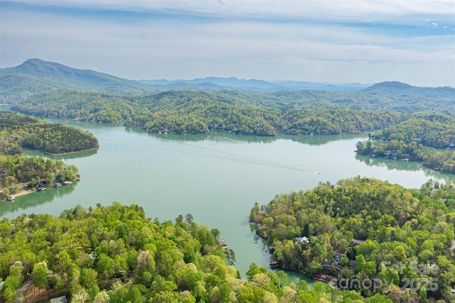 drone / aerial view with a water and mountain view