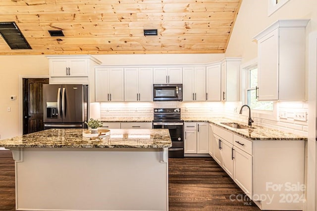 kitchen with white cabinets, dark wood-type flooring, appliances with stainless steel finishes, sink, and wood ceiling