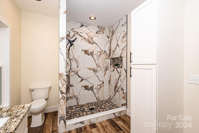 bathroom with wood-type flooring, vanity, toilet, and tiled shower