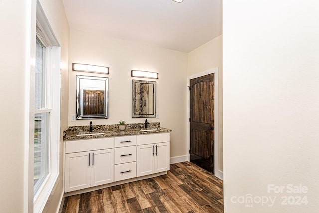 bathroom featuring dual sinks, hardwood / wood-style floors, and vanity with extensive cabinet space