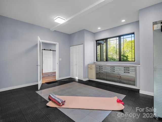 workout area featuring a barn door