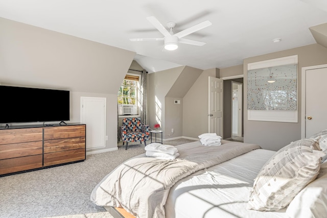 bedroom with ceiling fan, light colored carpet, and lofted ceiling