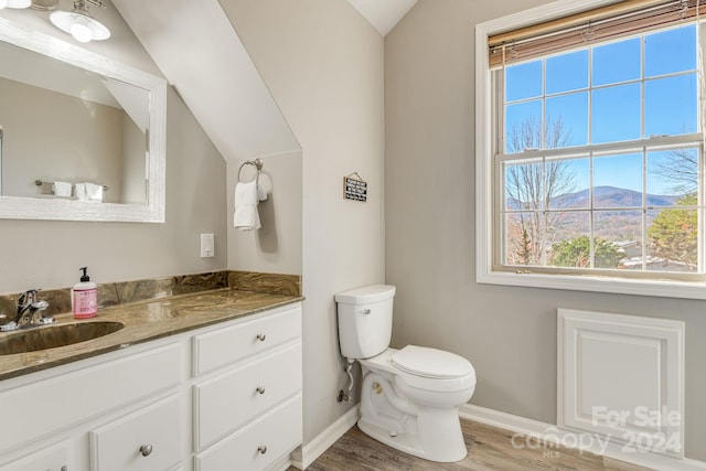 bathroom featuring vanity, a mountain view, hardwood / wood-style floors, toilet, and lofted ceiling