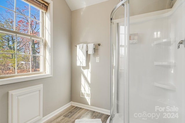 bathroom featuring hardwood / wood-style floors and a shower with shower door