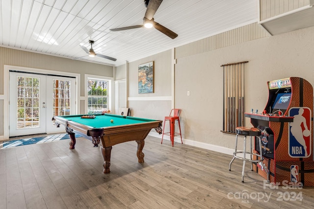 game room featuring ceiling fan, wood-type flooring, billiards, and french doors