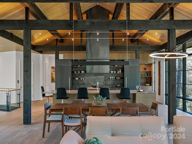 living room with high vaulted ceiling, beamed ceiling, and wooden ceiling