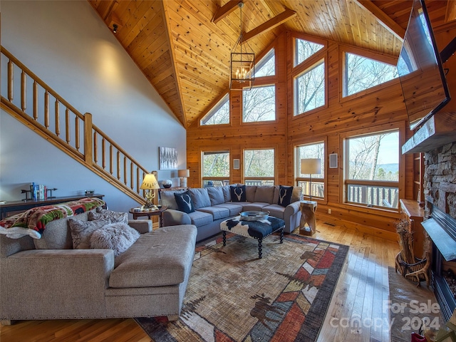 living room with wood ceiling, high vaulted ceiling, and hardwood / wood-style flooring