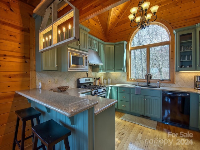 kitchen with wall chimney range hood, wood ceiling, hanging light fixtures, stainless steel appliances, and light hardwood / wood-style flooring