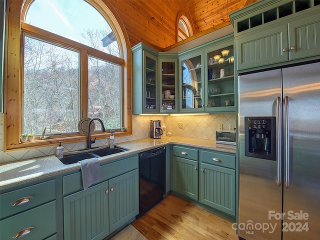 kitchen featuring sink, dishwasher, wood ceiling, light hardwood / wood-style flooring, and stainless steel refrigerator with ice dispenser