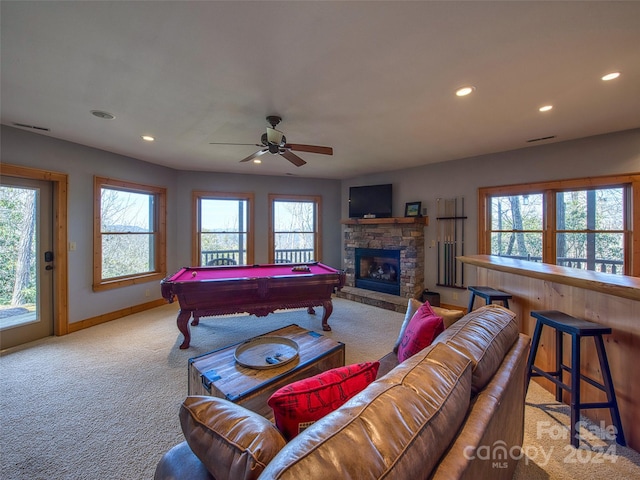 game room featuring a fireplace, billiards, ceiling fan, and light carpet