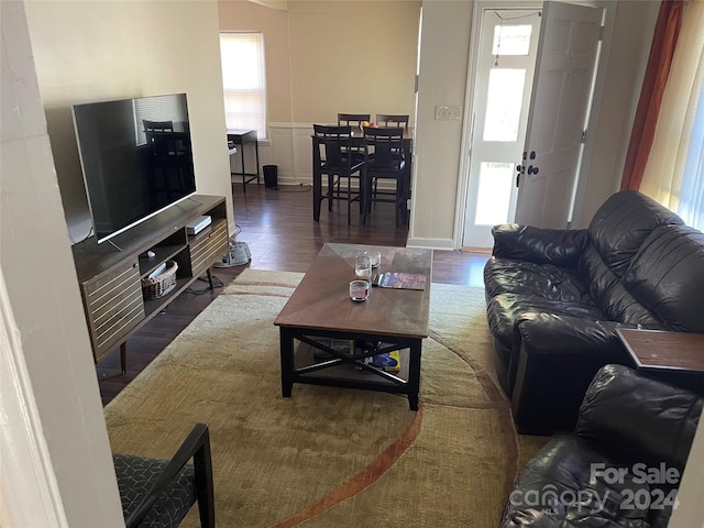 living room with dark wood-type flooring