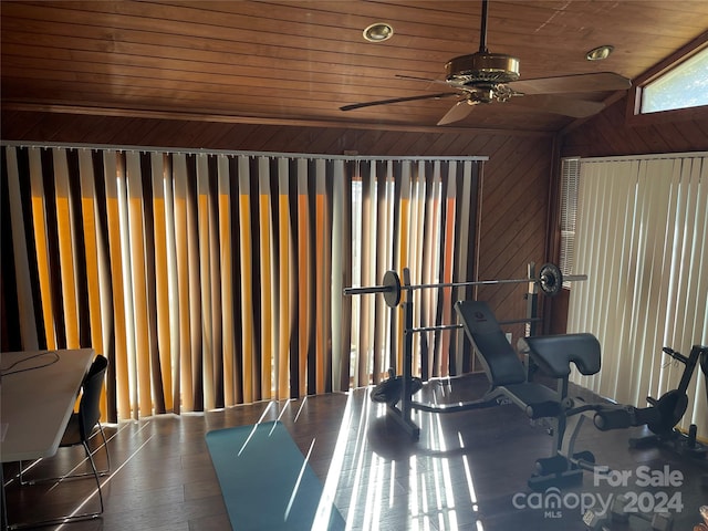 exercise area with ceiling fan, wood ceiling, dark hardwood / wood-style floors, vaulted ceiling, and wood walls