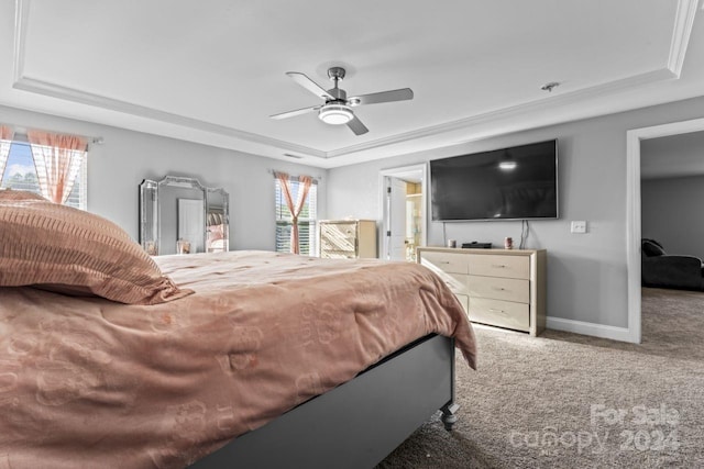 carpeted bedroom featuring a raised ceiling, multiple windows, and ceiling fan