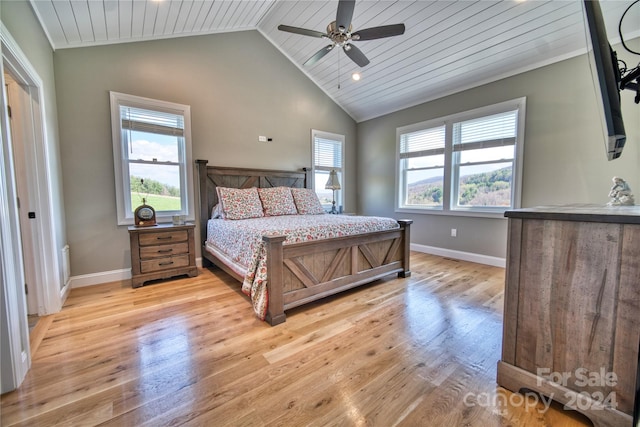 bedroom featuring wood ceiling, light hardwood / wood-style flooring, ceiling fan, and multiple windows