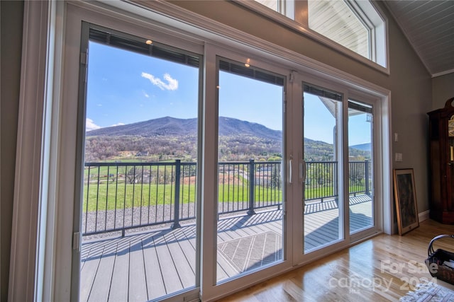 doorway featuring lofted ceiling, a mountain view, and light wood-type flooring