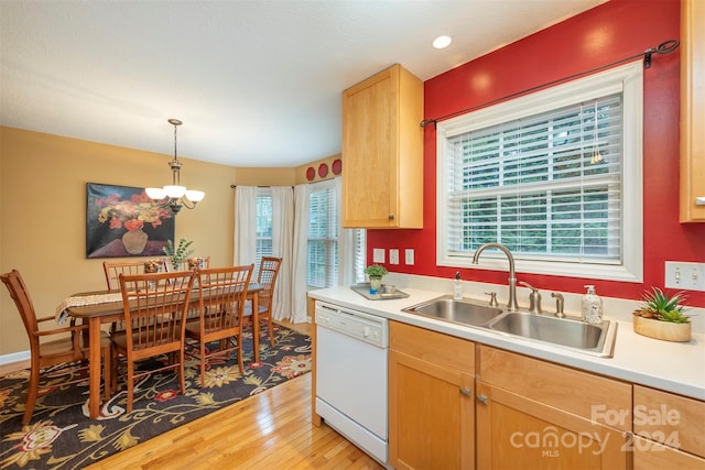 kitchen featuring a healthy amount of sunlight, sink, hardwood / wood-style flooring, and dishwasher