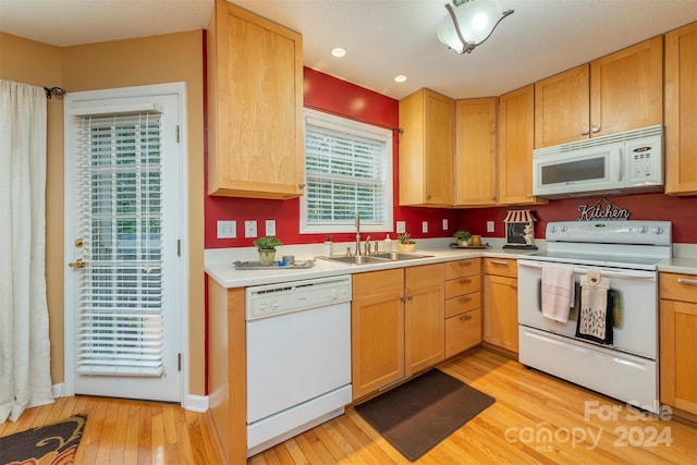 kitchen featuring white appliances, sink, and light wood-type flooring