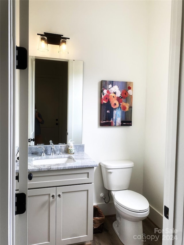 bathroom with hardwood / wood-style flooring, vanity, and toilet