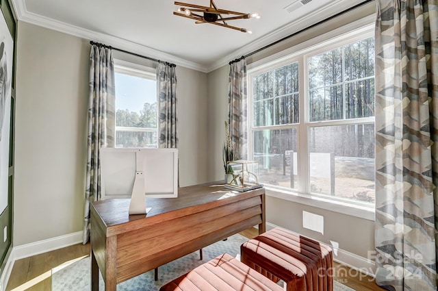 home office featuring hardwood / wood-style flooring, ornamental molding, and ceiling fan