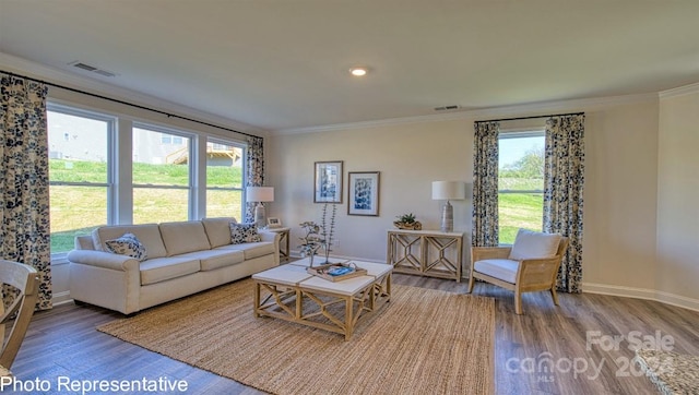 living room with crown molding and hardwood / wood-style flooring