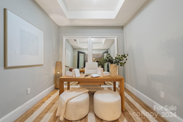 office space featuring a tray ceiling