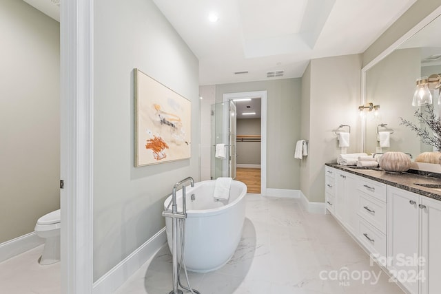 bathroom featuring toilet, a bathing tub, and vanity