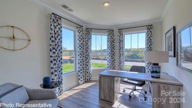 office space with light hardwood / wood-style floors and crown molding