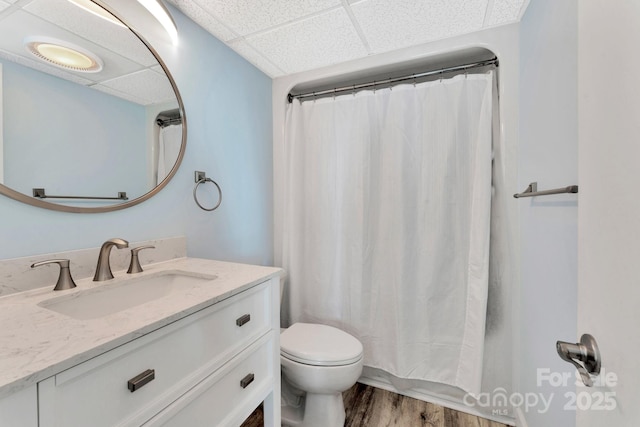 bathroom with vanity, hardwood / wood-style floors, a drop ceiling, and toilet