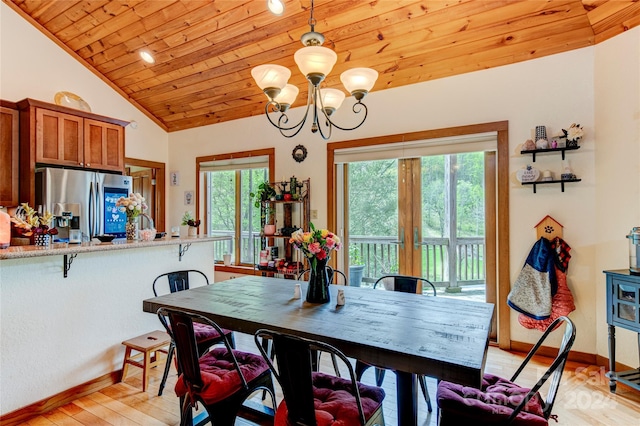 dining room with an inviting chandelier, wood ceiling, french doors, vaulted ceiling, and light hardwood / wood-style flooring