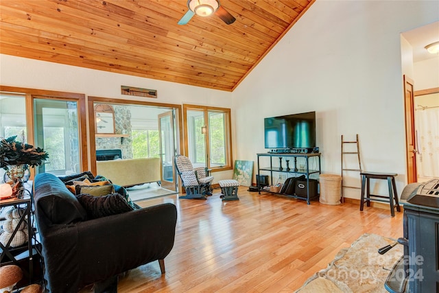 living room with ceiling fan, light wood-type flooring, high vaulted ceiling, and wooden ceiling