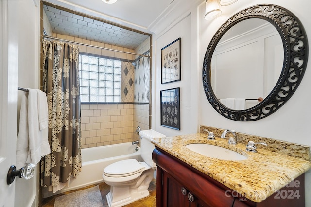 full bathroom featuring ornamental molding, vanity, toilet, and shower / tub combo with curtain