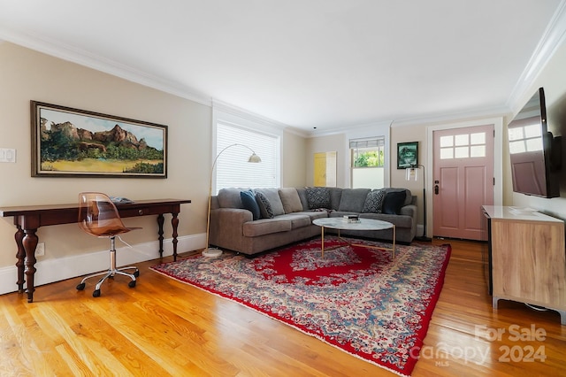 living room featuring crown molding and hardwood / wood-style flooring