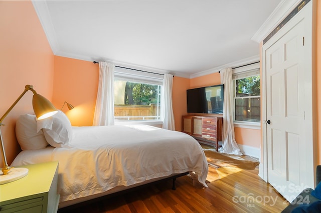 bedroom with hardwood / wood-style flooring, ornamental molding, and multiple windows