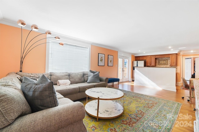 living room with crown molding and light wood-type flooring