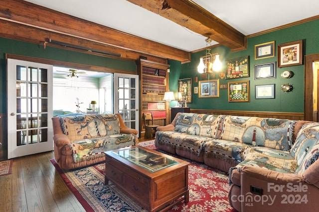 living room featuring beamed ceiling, ceiling fan, french doors, and dark wood-type flooring