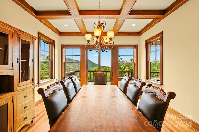 dining area featuring coffered ceiling, a healthy amount of sunlight, a chandelier, and hardwood / wood-style floors