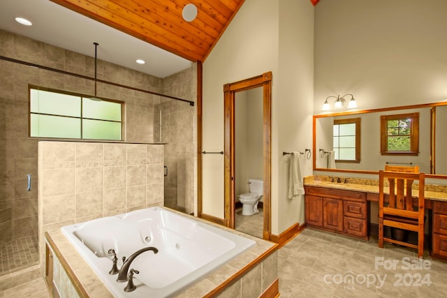 full bathroom featuring separate shower and tub, toilet, wooden ceiling, vaulted ceiling, and vanity