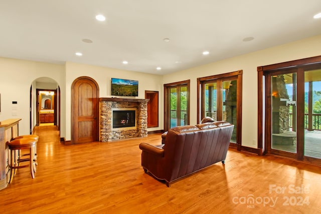 living room featuring light hardwood / wood-style flooring and a fireplace