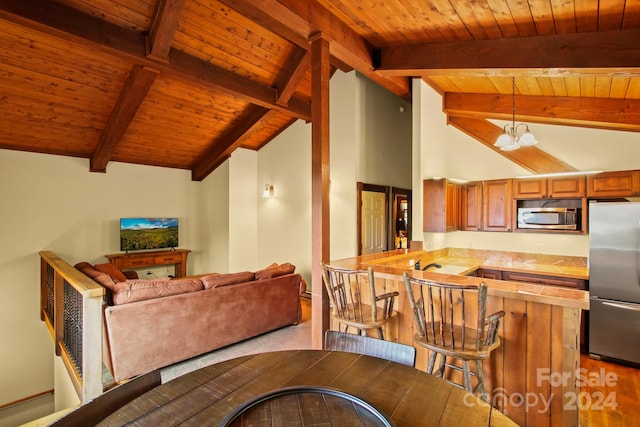 interior space featuring wood ceiling, beamed ceiling, sink, an inviting chandelier, and high vaulted ceiling