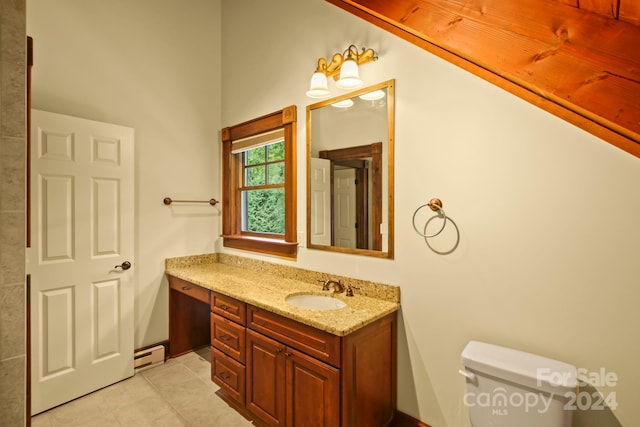 bathroom featuring vanity, toilet, tile patterned floors, and a baseboard radiator